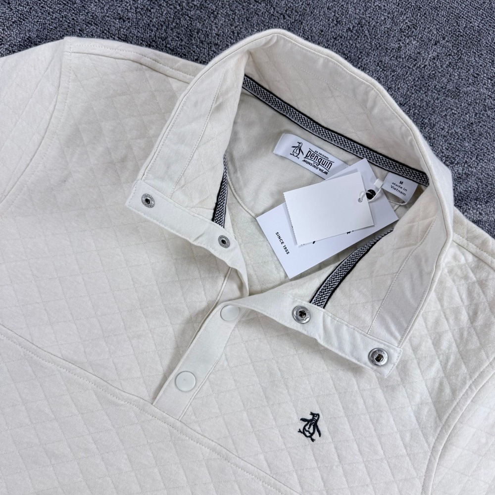 Original Penguin Mens Quilted Mock Neck Snap Pullover Sweater Cream Size M